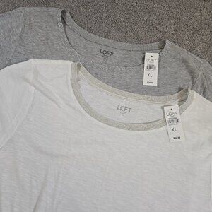 Lot Of 2 LOFT Women's Round-Neck Soft 100% Cotton Gray/White Shimmer Collar NWT
